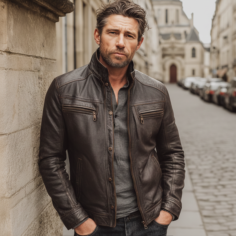 Men's Retro Dark Brown Stand Collar PU Leather Zipper Jacket MTA2954J1U