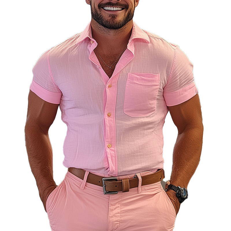 Men's Summer Fashion Solid Color Slub Cotton Short Sleeve Shirt MTA2377F8P