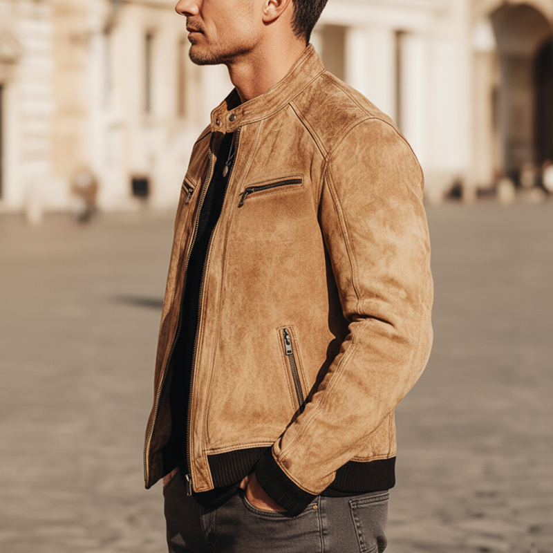 Men's Classic Urban Snap-button Collar Zippered Faux Suede Jacket MTZ0416A7U