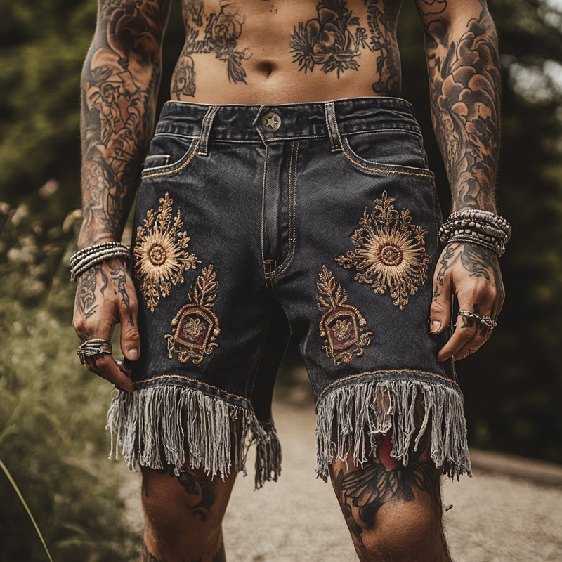 Herreshorts med vintage broderi og dusker i denim MTA1643F5X