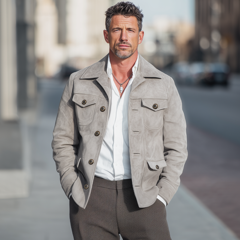 Men's Vintage Elephant Grey Button-Down Suede Jacket MTA1618H7U