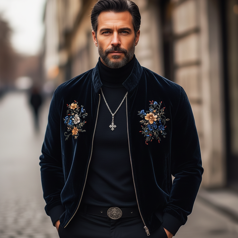 Men's Retro Navy Blue Floral Embroidered Stand Collar Velvet Jacket MTA0869L0U