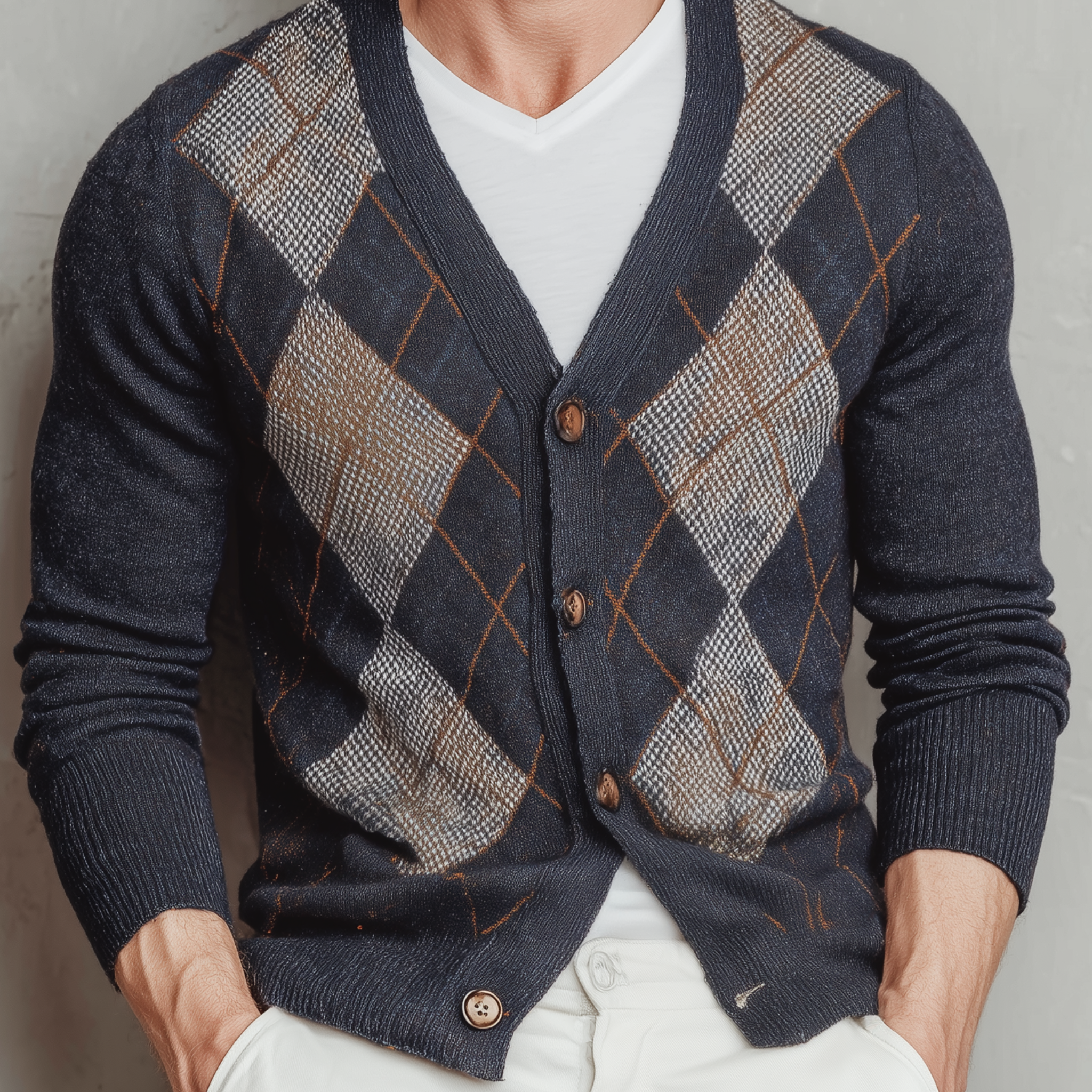 Men's Classic Retro Diamond Check Slim Fit Knit Cardigan MTA2809G4K