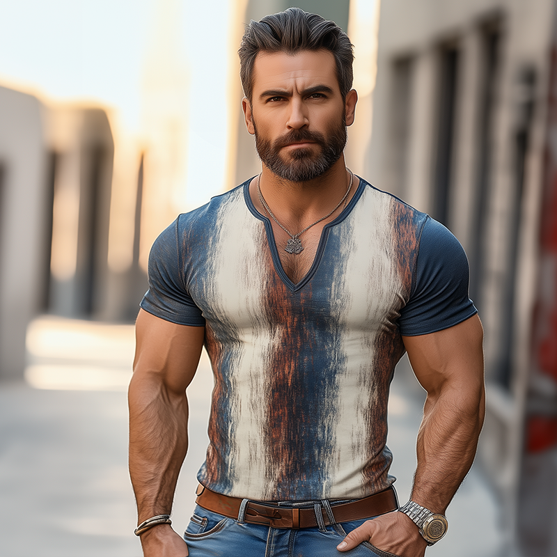 Men's Retro Casual Gradient Stripe Print V-Neck Short Sleeve T-Shirt MTA3045F0TO