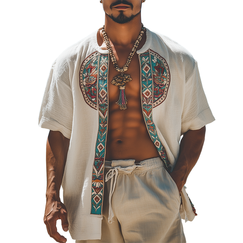 Men's Summer Fashion Holiday Style Embroidered Cotton And Linen Short-Sleeved Open Shirt MTA1733F4P