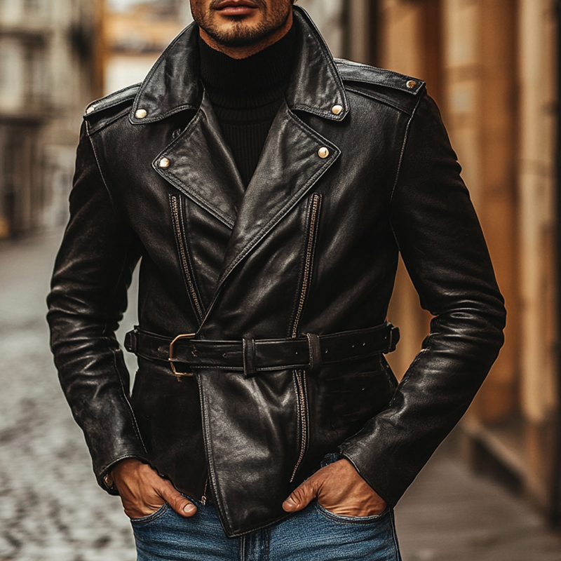 Men's Solid Color Retro Lapel PU Leather Jacket (with Belt) MTA2622I2X