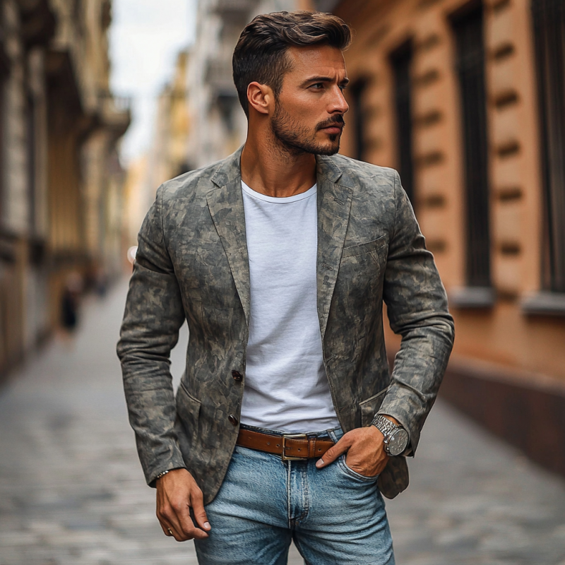Men's Casual Outdoor Camouflage Print Notched Lapel Single-breasted Slim Fit Blazer MTA2819D3M