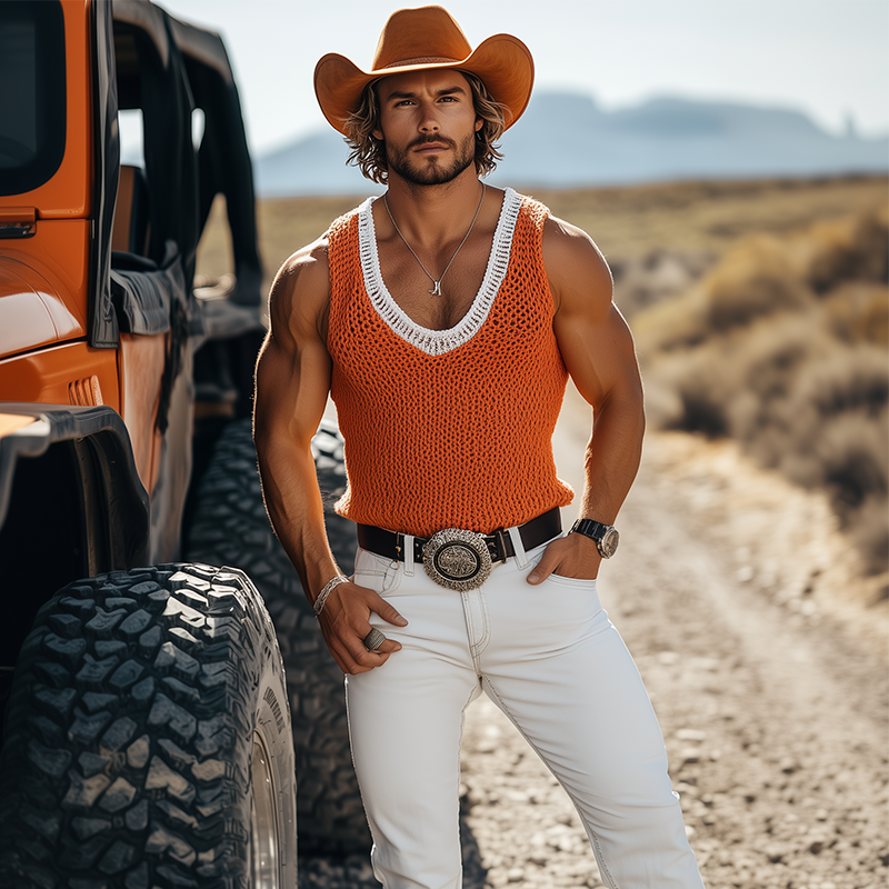 Men's Spring And Summer Fashion Casual Western Style Contrast Stitching Knitted U-neck Slim Tank Top MTA1446E7K