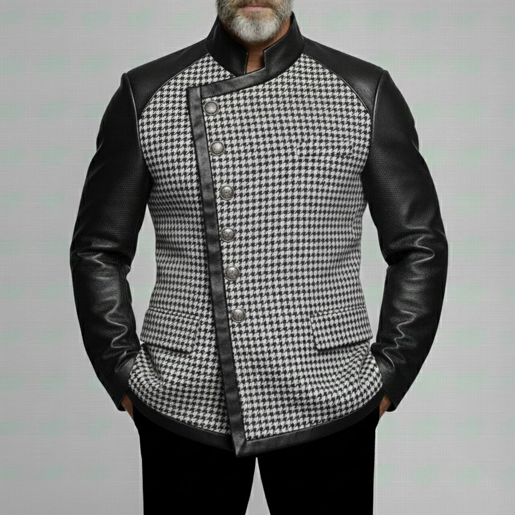 Men's Retro Casual Houndstooth PU Patchwork Stand Collar Button Jacket MTA2916K2TO