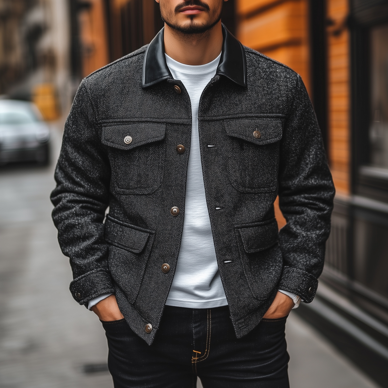 Men's Vintage Herringbone Blend PU Lapel Patchwork Single-breasted Multi-pocket Work Jacket MTA0695H5M