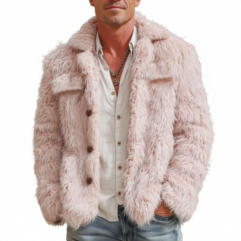 Men's Urban Fashion Light Pink Faux Fur Button Jacket MTA1788J7U