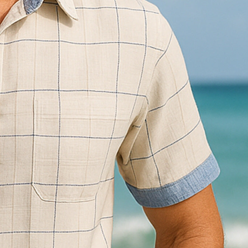 Men's Summer Fashion Simple Denim Patchwork Cotton Short Sleeve Shirt MTA2639E1P