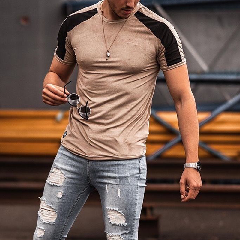 Herre T-skjorte med rund hals og korte ermer i kontrastfarge, avslappet sporty stil MTA0863G1X