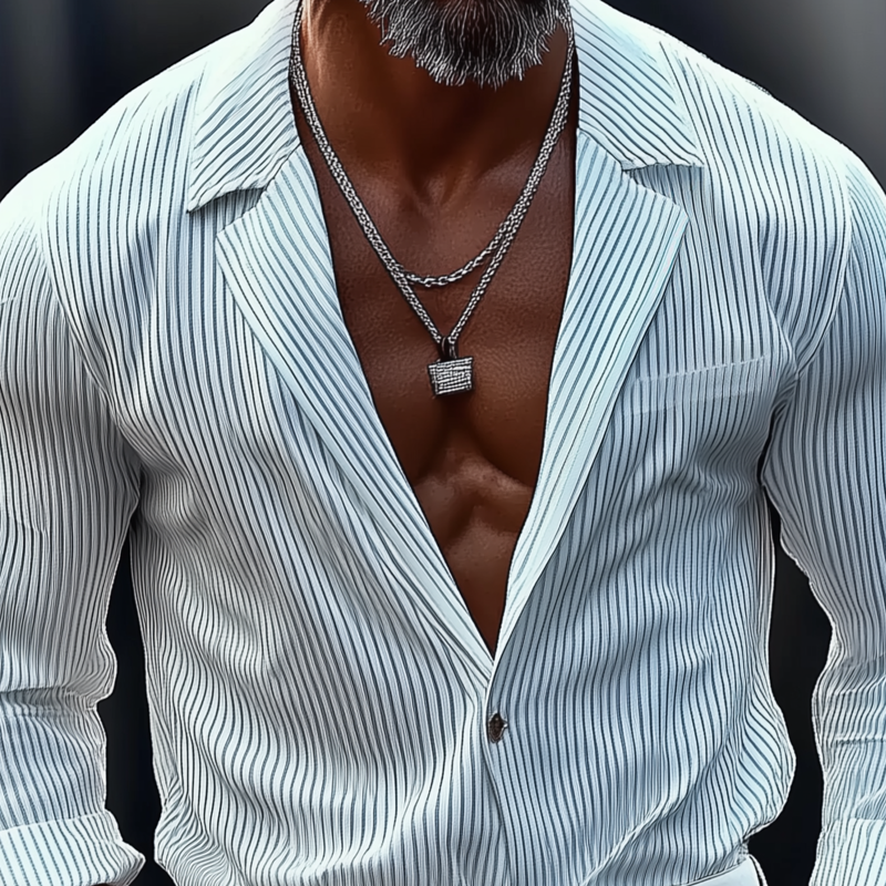 Men's Striped Notch Lapel Chest Pocket Long Sleeve Shirt MTA2213G4Z