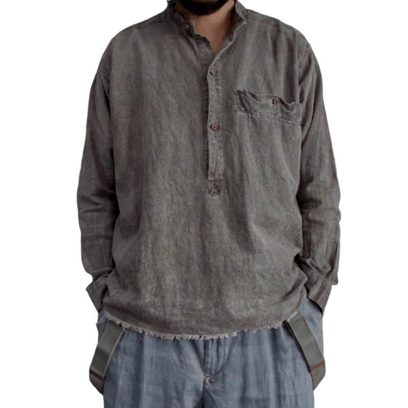 Men's Fashion Washed Distressed Stand Collar Long Sleeve Loose Shirt MTA1925G3Z