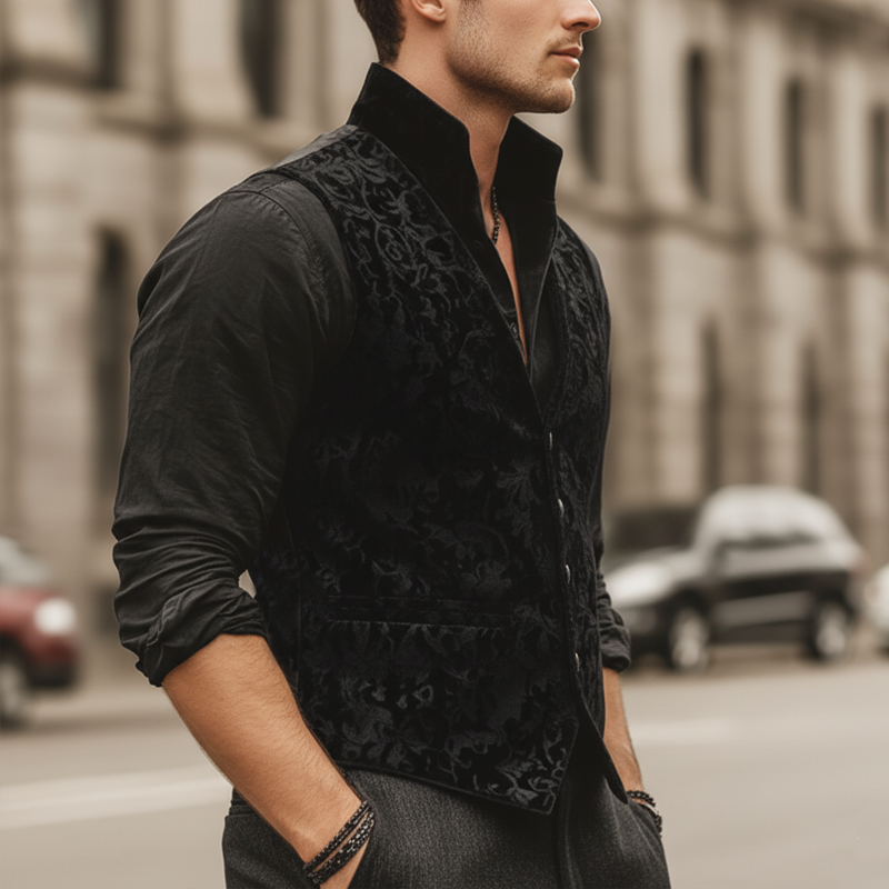 Men's Vintage Embossed Velvet V-neck Slim-fit Vest MTA1667L9U