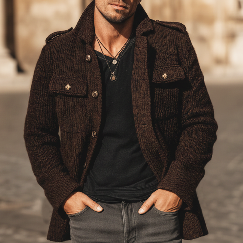 Men's Urban Chocolate-Colored Knitted Short Coat MTA1765K7U