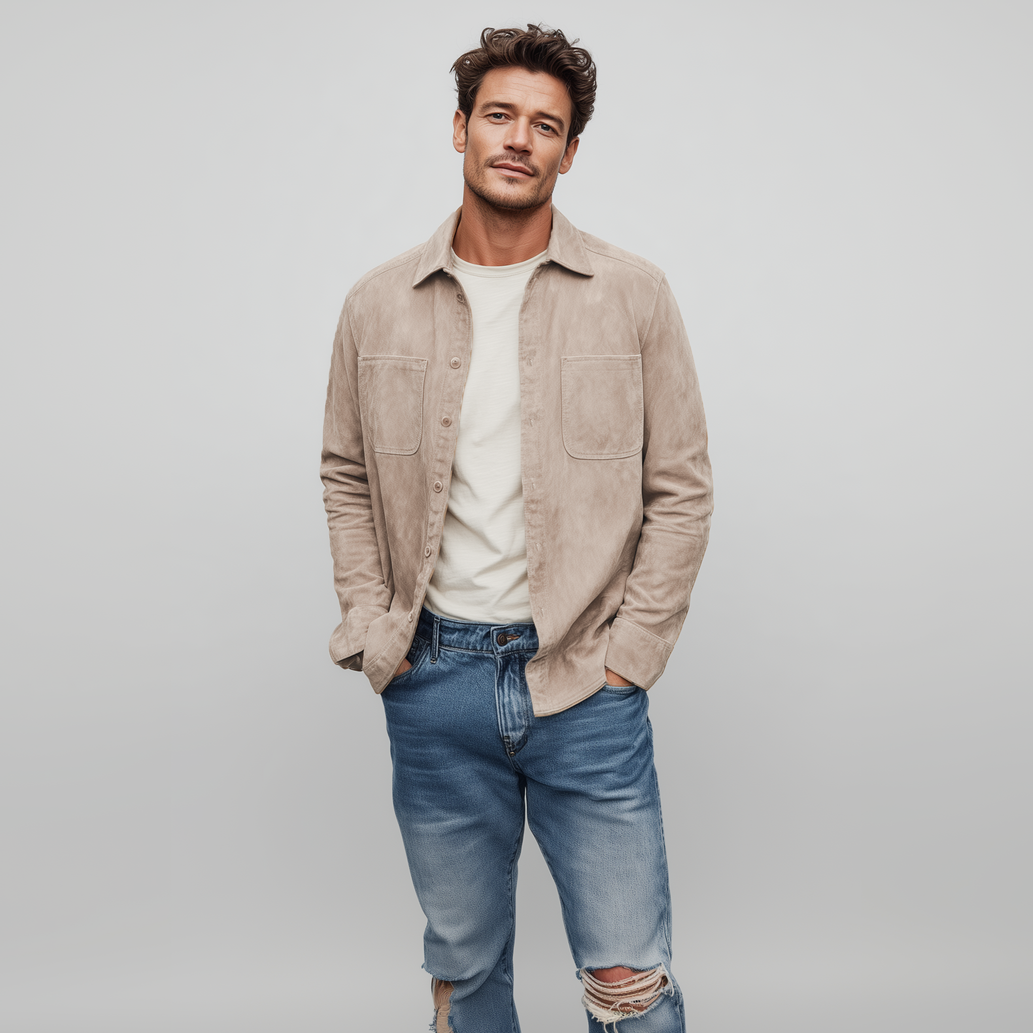 Men's Classic Casual Thin Suede Solid Color Multi-Pocket Long Sleeve Shirt MTA1802G4K