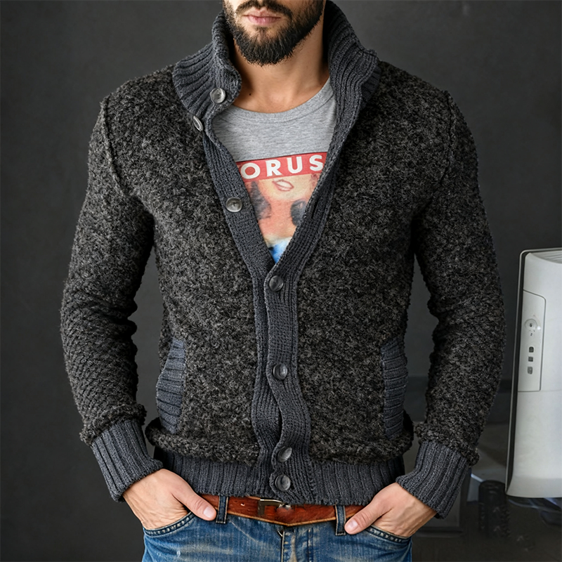 Men's Retro Casual Knitted Colorblock Button Sweater Stand Collar Cardigan MTA1686J8TO
