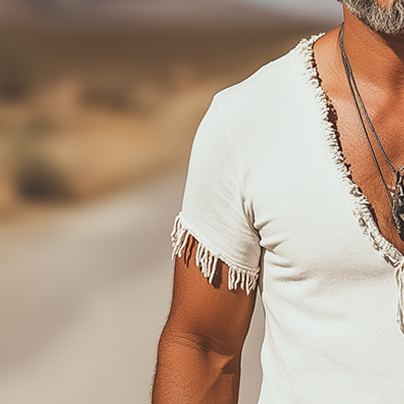 Men's Tassel Casual Cotton And Linen Short-Sleeved T-Shirt MTA2998G4P