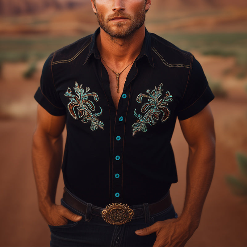 Men's Summer Western Cowboy Style Retro Embroidered Short-Sleeved Shirt MTA2158E5U