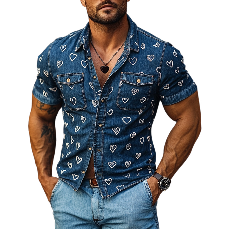 Men's Heart Print Denim Washed Short Sleeve Shirt MTA0984F6Y