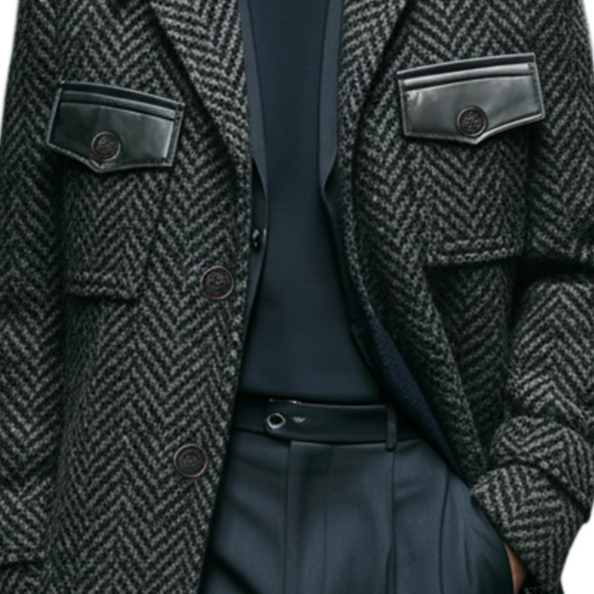 Men's Classic Light Business Lapel Pocket PU Leather Knee-length Faux Herringbone Wool Coat MTA1193J6K