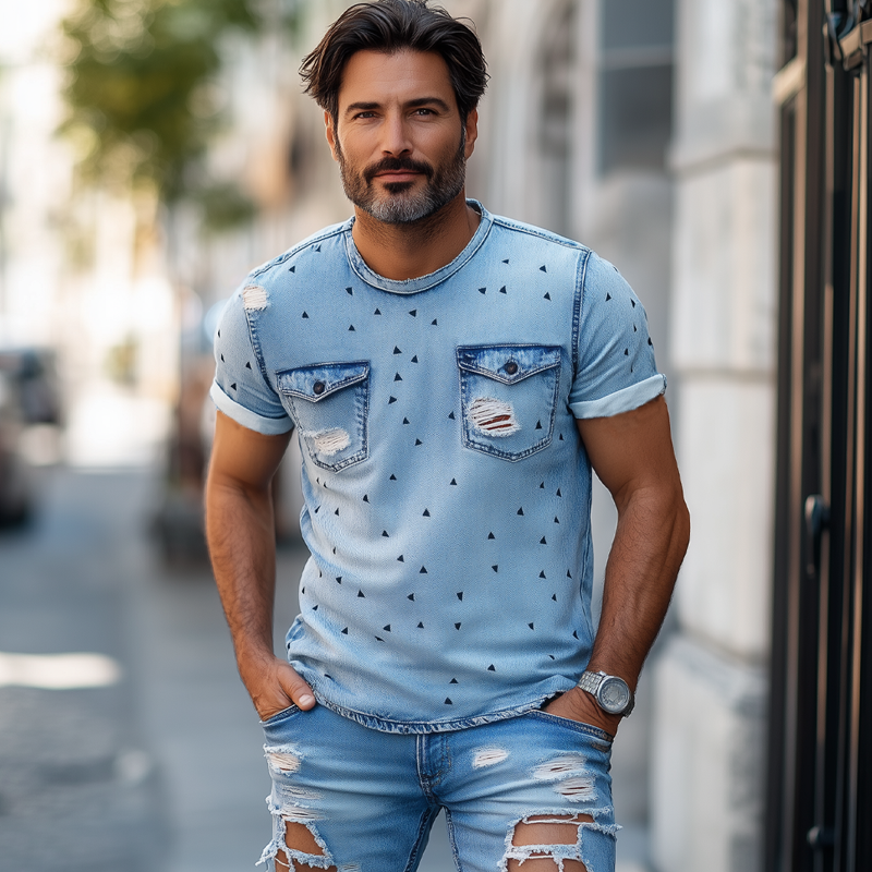 Men's Summer Ripped Denim Crew Neck T-Shirt MTA2477F7U