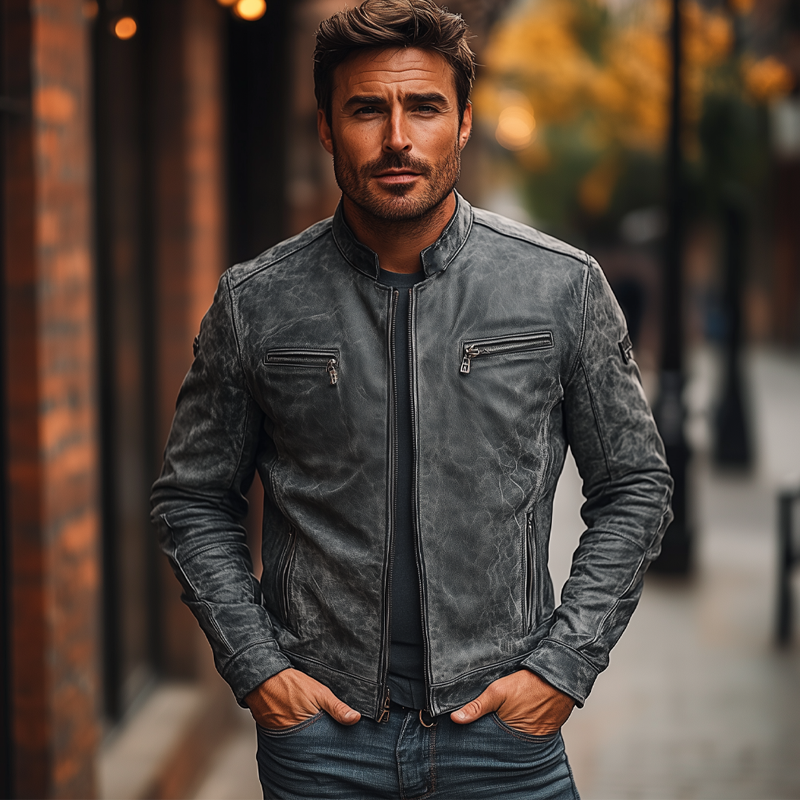 Men's Vintage Distressed PU Zipper Stand Collar Jacket MTA2902H4X