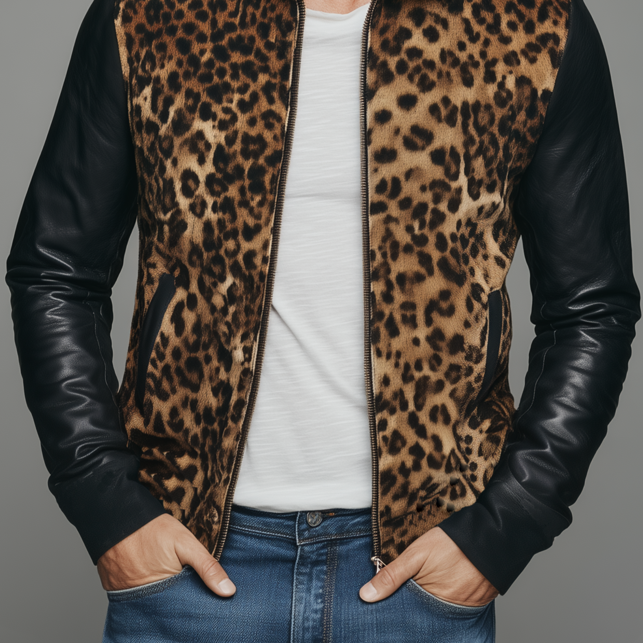 Men's Classic Casual Suede Leopard Print Pu Leather Stand Collar Slim Fit Jacket MTA0611H4K