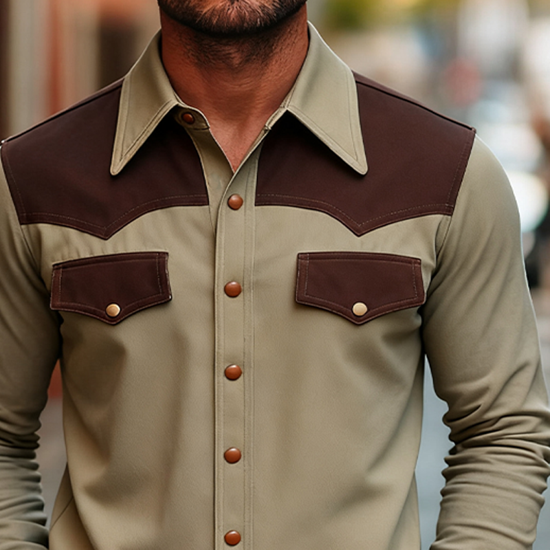 Men's Western Cowboy Style Colorblock Long Sleeve Shirt MTA2004J8X