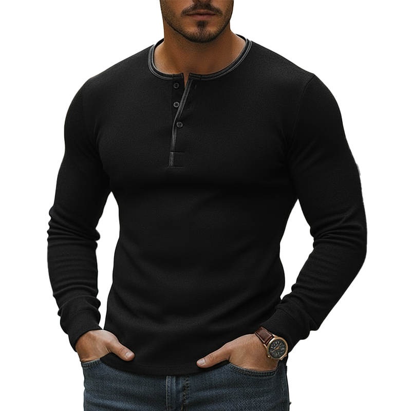 Men's Vintage-style PU Faux Leather Trimmed Long-sleeved Knitted Henley Shirt MTA2574L4P