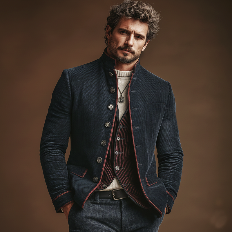 Men's Retro Stand Collar Corduroy Embroidered Lines Slim Fit Jacket