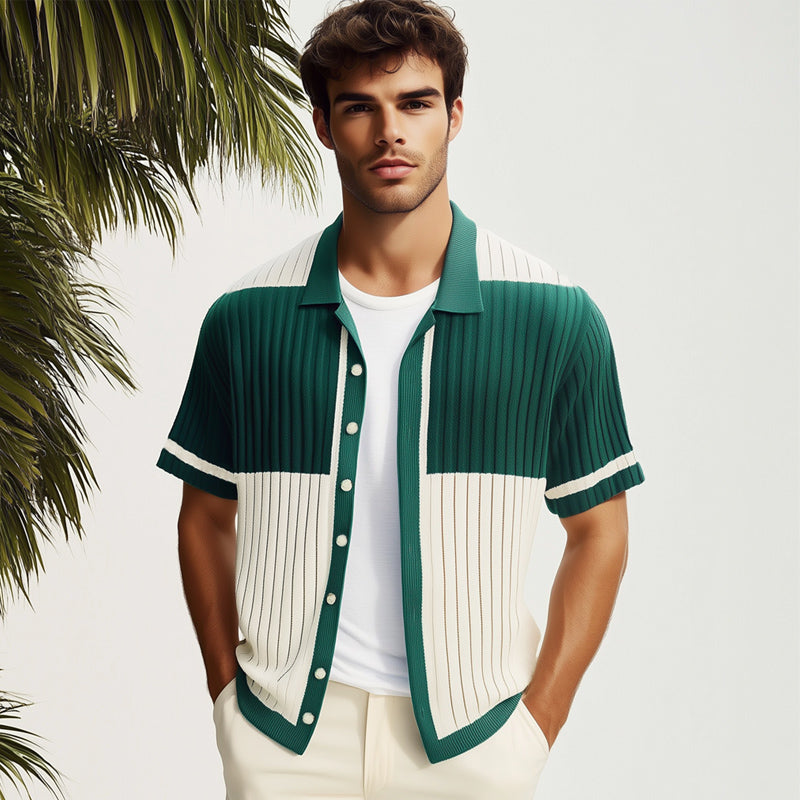 Men's Summer Comfortable Colorblock Knitted Short Sleeve Shirt MTA1689E1U