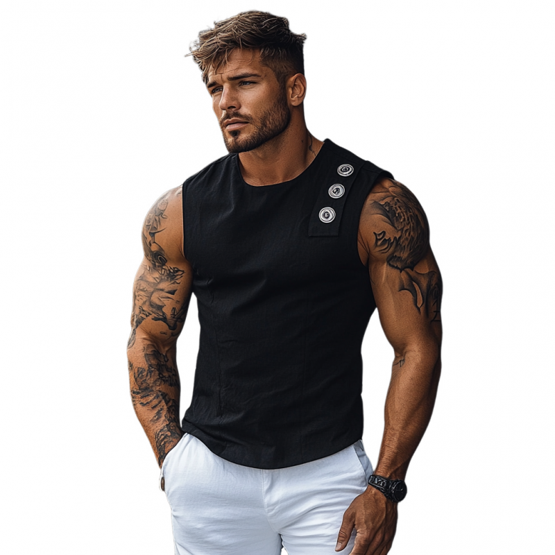 Men's Casual Breathable Cotton Round Neck Button Decoration Slim Fit Tank Top MTA2696E6M