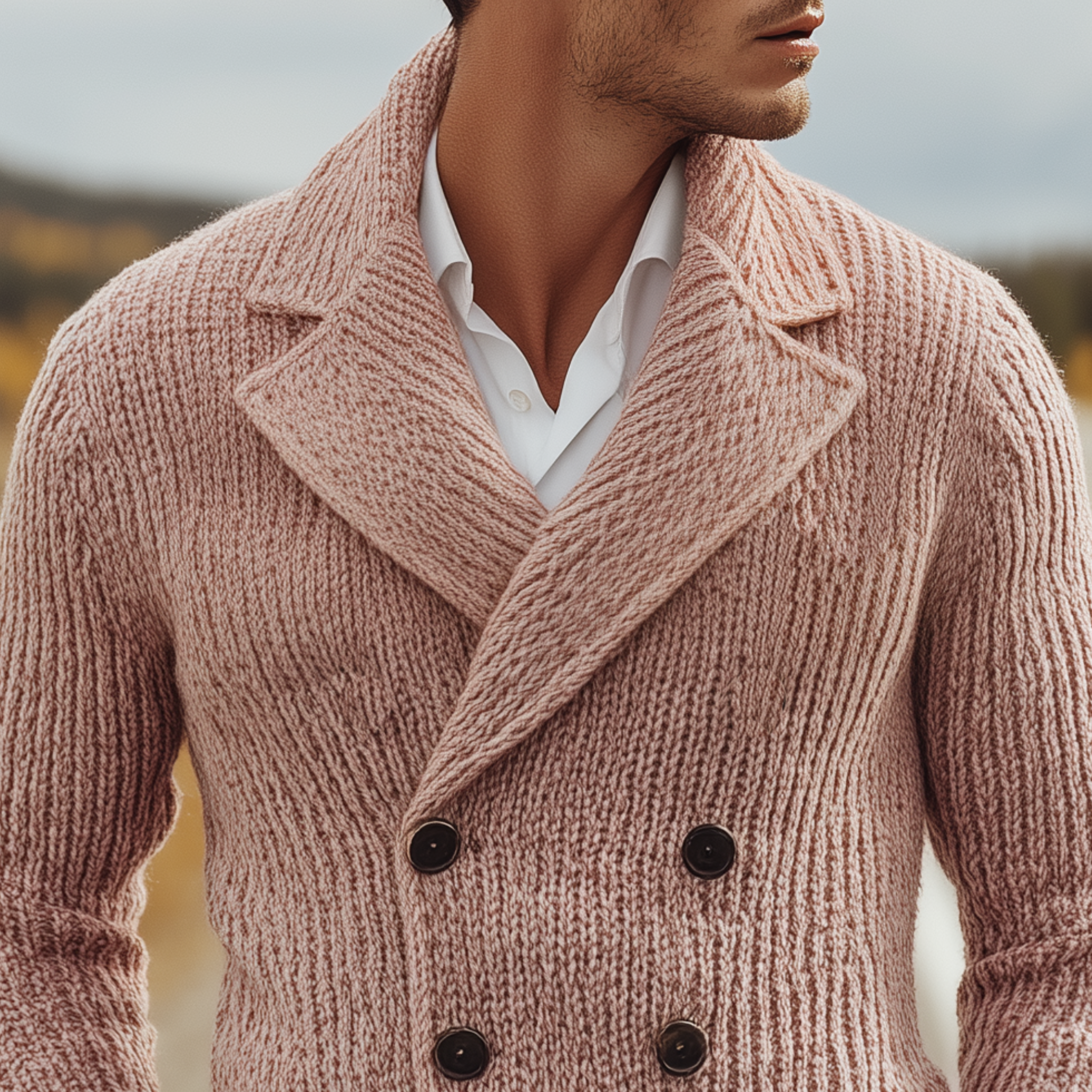 Men's Classic Casual Lapel Double-breasted Slim-fit Pink Knitted Cardigan MTA0855I4K