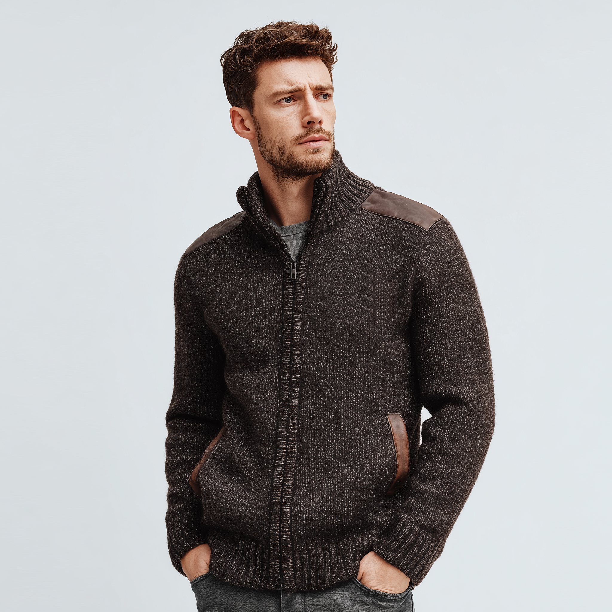 Men's Classic Casual Shoulder And Pocket Stitching PU Leather Stand Collar Zipper Knitted Cardigan MTA0904J8K