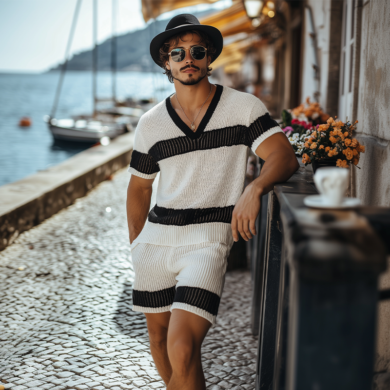 Men's Summer Fashion Casual Black And White Horizontal Striped V-neck Knitted Short-sleeved T-shirt Elastic Waist Shorts Set MTA2665F6K