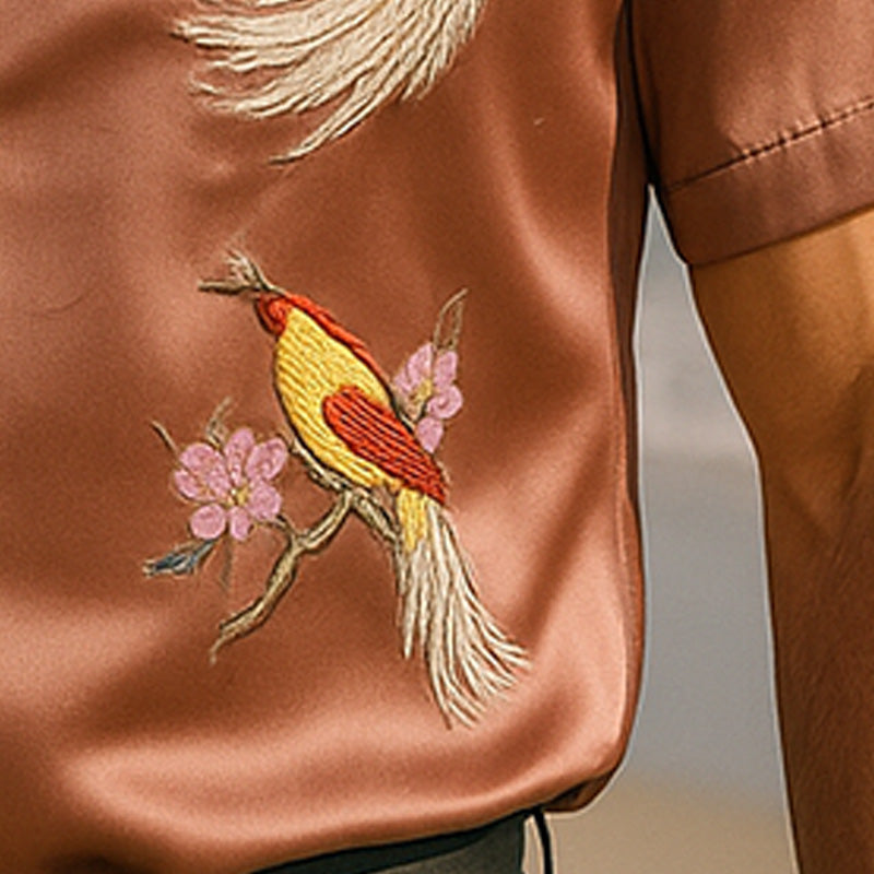 Men's Summer Fashion Satin Flower And Bird Embroidery Short Sleeve Shirt MTA2833E8P