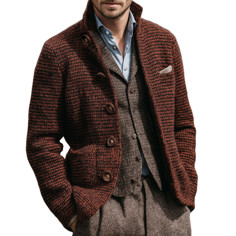 Men's Retro Casual Stand Collar Plaid Knit Button-Down Cardigan Jacket MTA2834J9TO