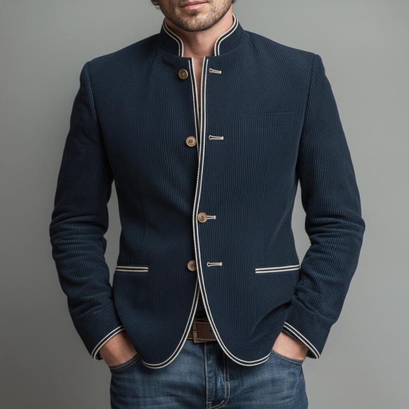 Men's Classic Corduroy Embroidered Stand-collar Slim-fit Single-vent Jacket MTA0849L4U