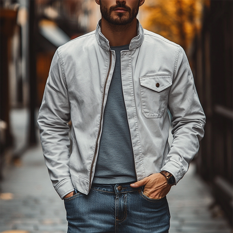 Men's Casual Solid Color Stand Collar Zip-Up Jacket MTA3043J6X