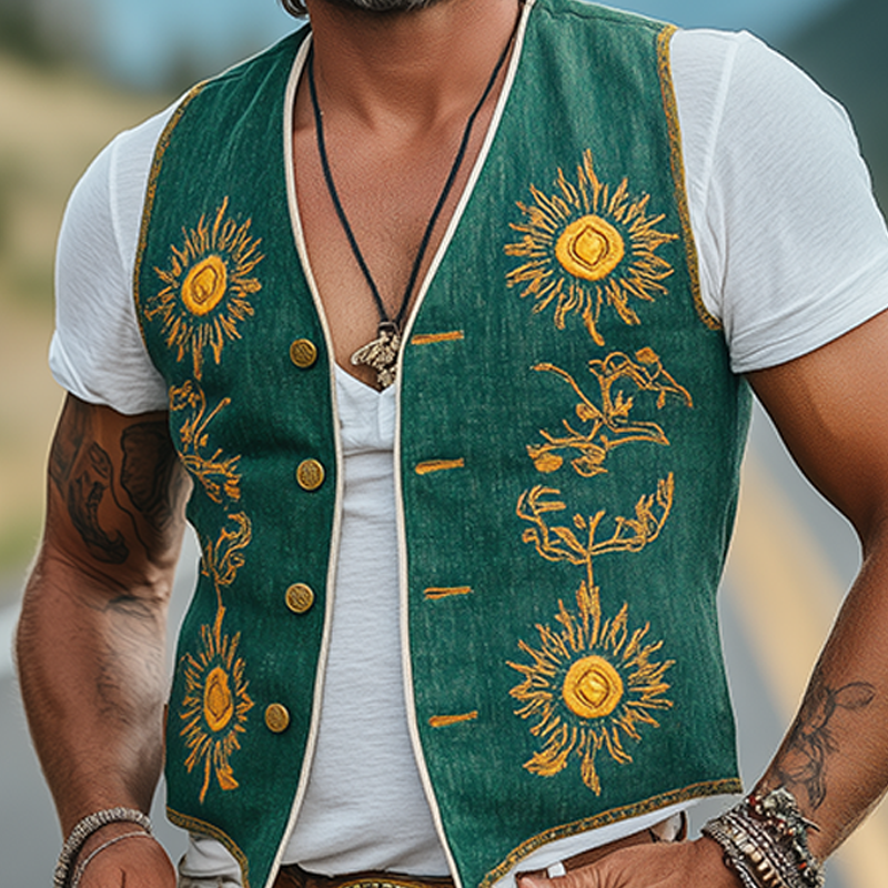 Men's Casual Retro American Western Style Cotton And Linen Embroidered Single Breasted Vest MTA1669F4K