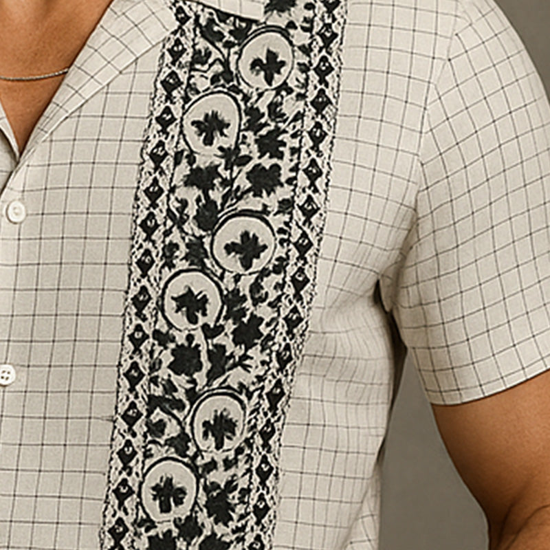 Men's Summer Fashion Embroidered Check Linen Short Sleeve Shirt MTA2813E3P