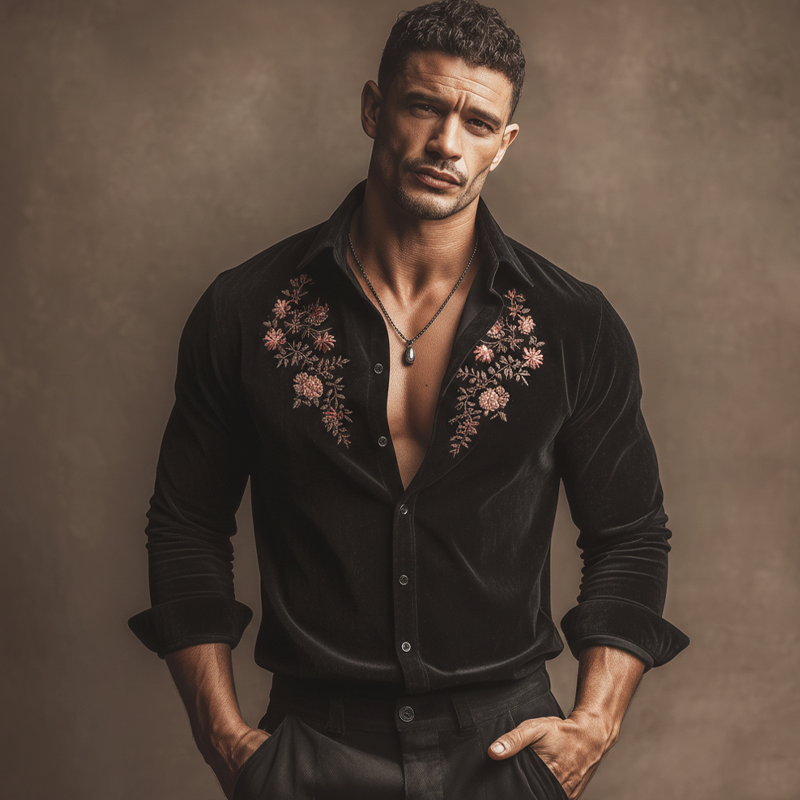 Men's Elegant Black Faux Suede Floral Embroidery Long-sleeved Shirt MTZ2259A1U