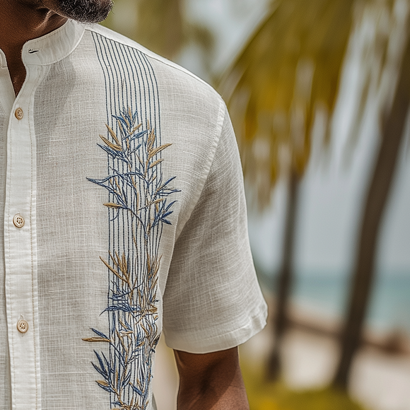 Men's Summer Fashion Leaf Embroidery Slub Linen Henley Collar Short Sleeve Shirt MTA0292G9P