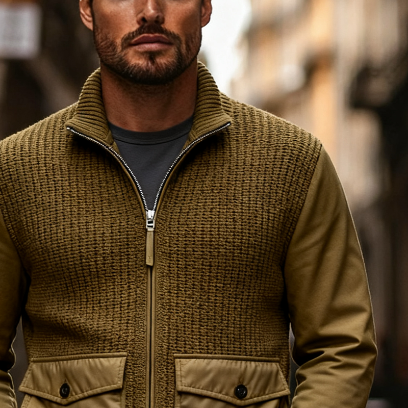 Men's Retro Casual Stitching Stand Collar Zipper Knit Cardigan MTA2061J4X