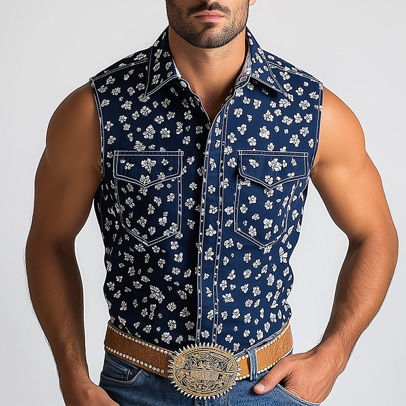 Men's Summer Western Cowboy Style Hot Stamped Sleeveless Denim Shirt MTA1418E2P