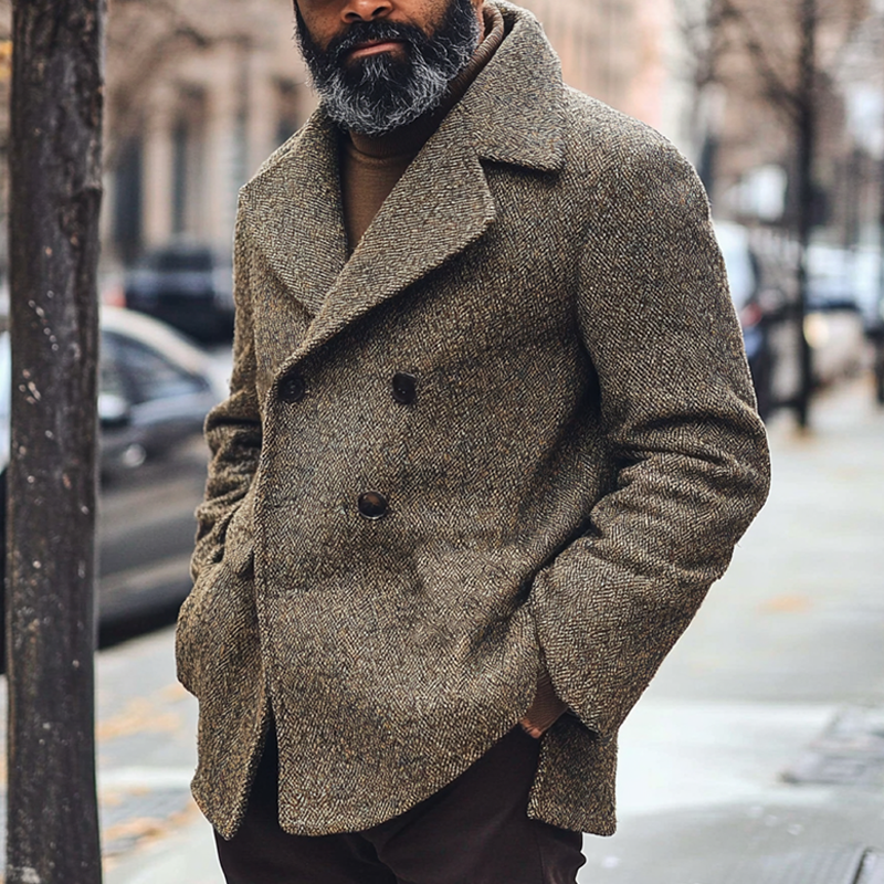Men's Retro Lapel Herringbone Mid-Length Coat MTA2680H3X