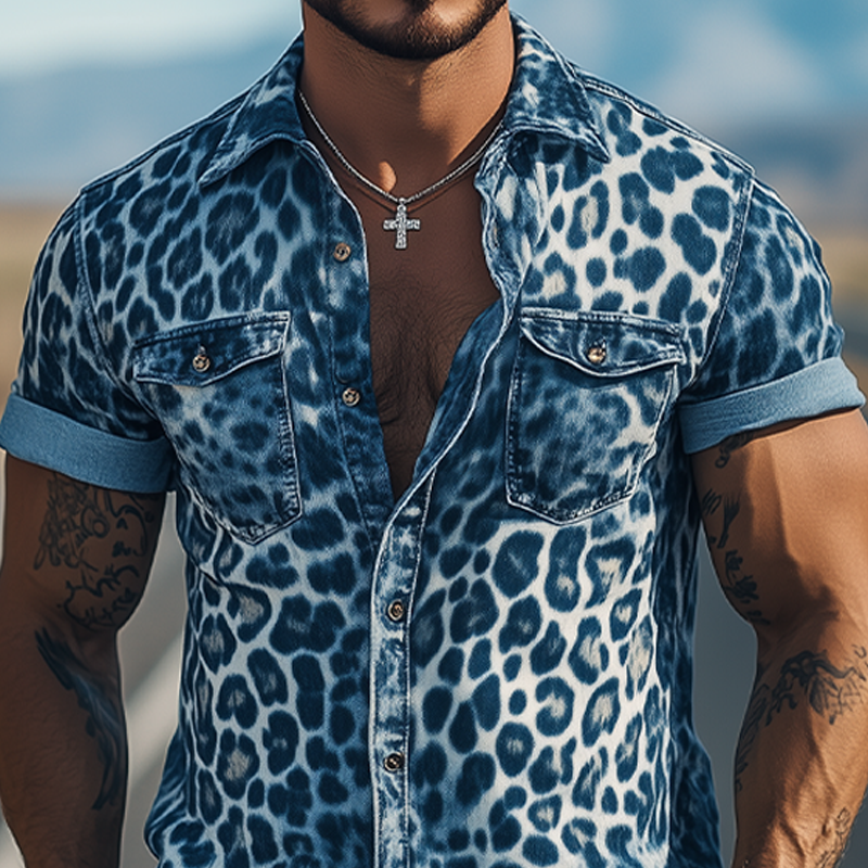 Men's Spring And Summer Fashion Casual Retro Western Cowboy Style Leopard Denim Print Slim Fit Short Sleeve Shirt MTA0975E8K